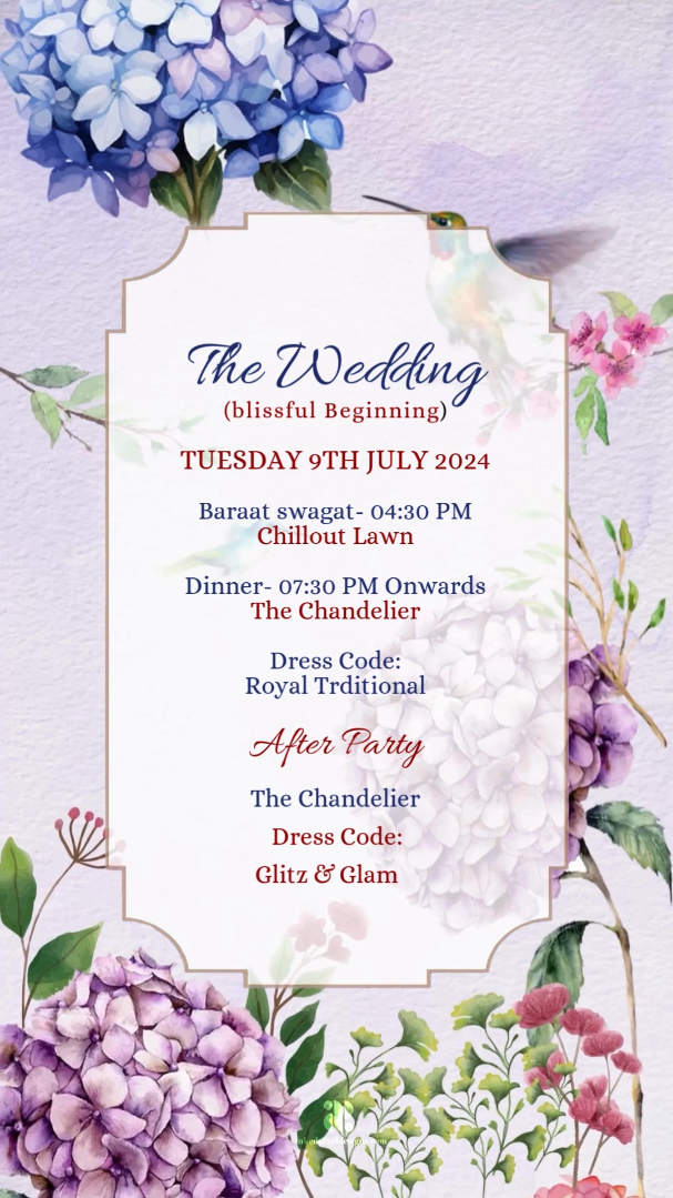 Wedding Invitation: Hydrangea's & Humming birds (Canva Template)