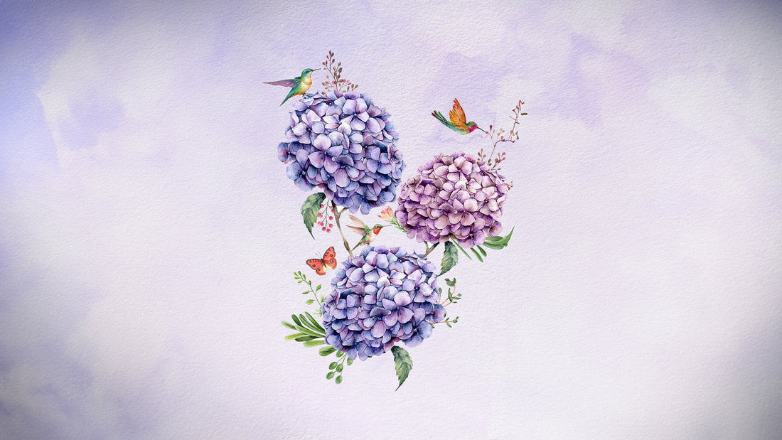 Wedding Invitation: Theme watercolour with Hydrangeas, Humming Birds, Butterflies 